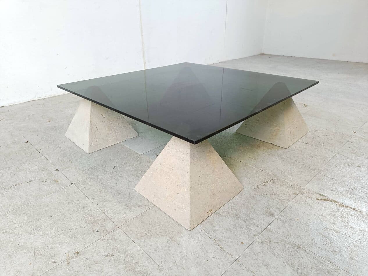 Coffee table, beige travertine, smoked glass, Belgium, 1970s. - 266604
