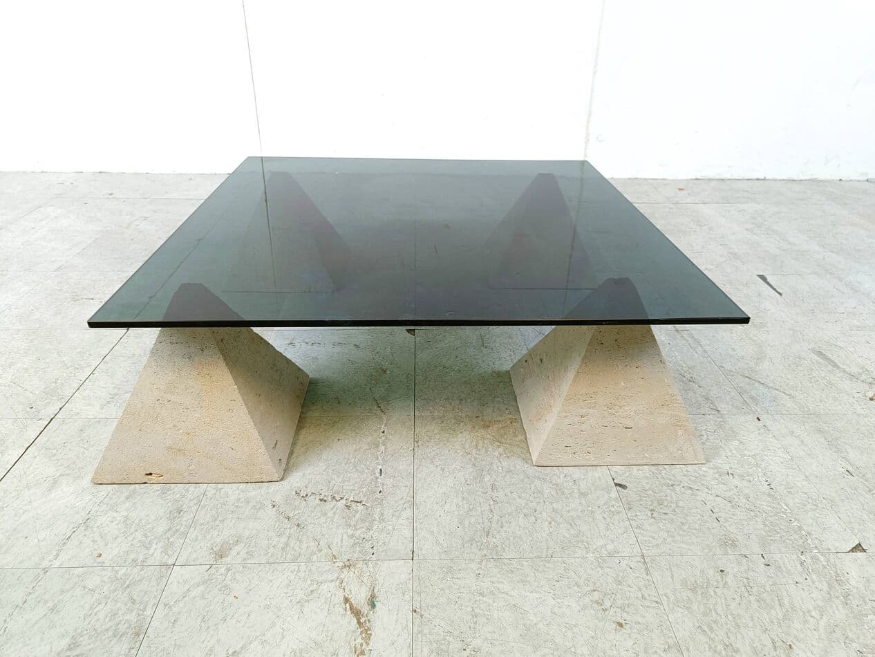 Coffee table, beige travertine, smoked glass, Belgium, 1970s. - 266600