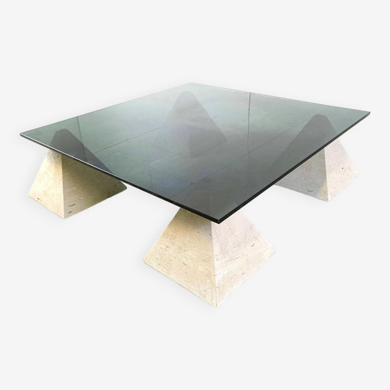 Coffee table, beige travertine, smoked glass, Belgium, 1970s. - 266599