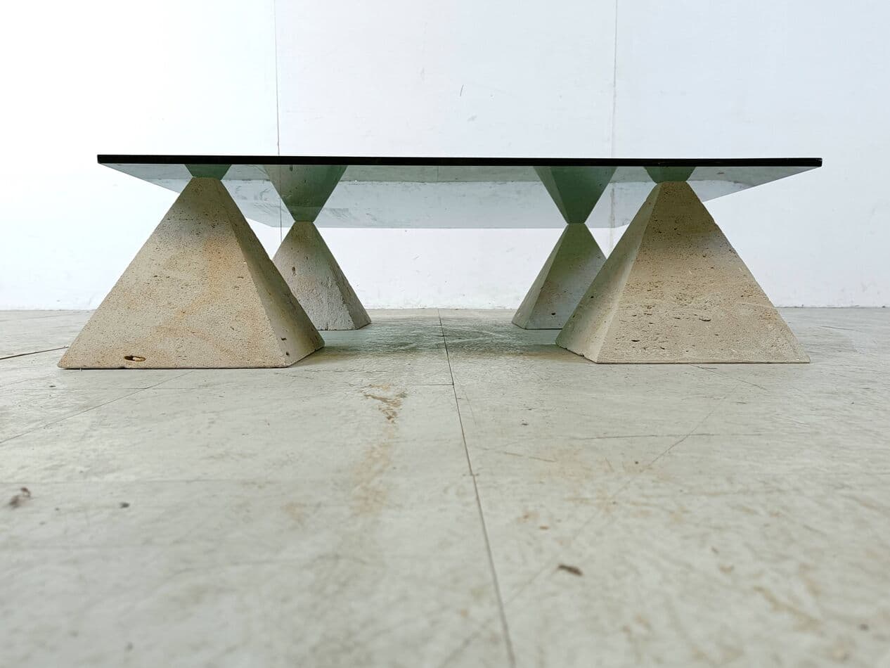 Coffee table, beige travertine, smoked glass, Belgium, 1970s. - 266602