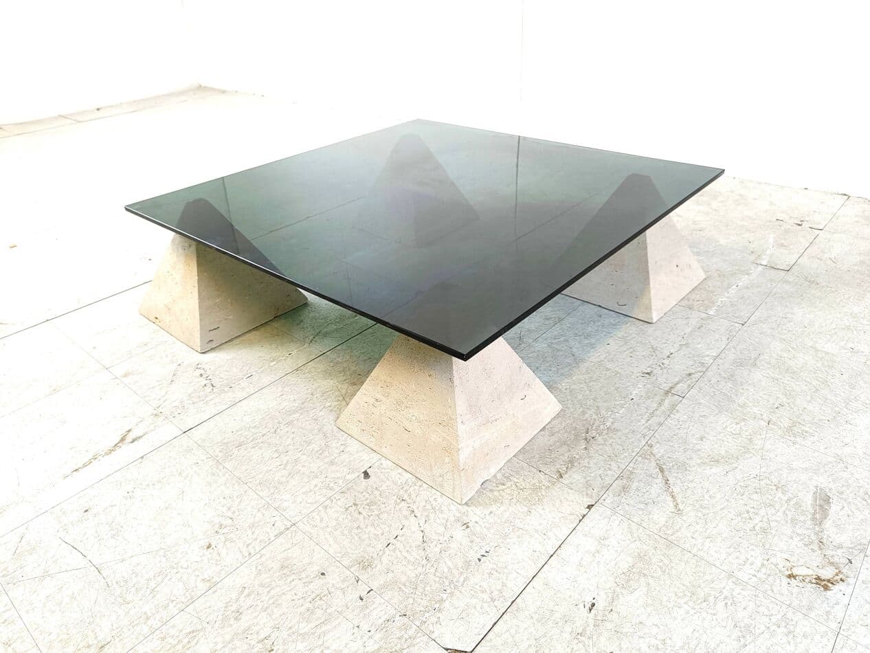 Coffee table, beige travertine, smoked glass, Belgium, 1970s. - 266607