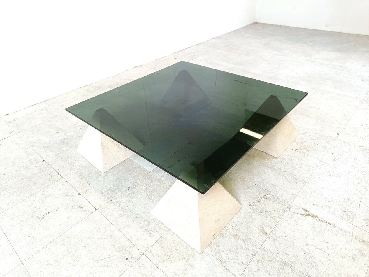 Coffee table, beige travertine, smoked glass, Belgium, 1970s. - 266603