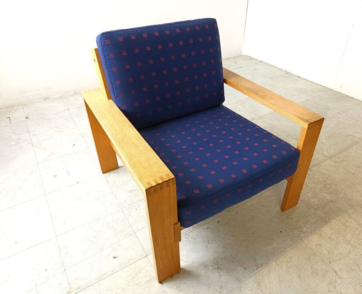 Zestaw wypoczynkowy, drewno jasne, tkanina niebieska, Finlandia, lata 70. - 266548