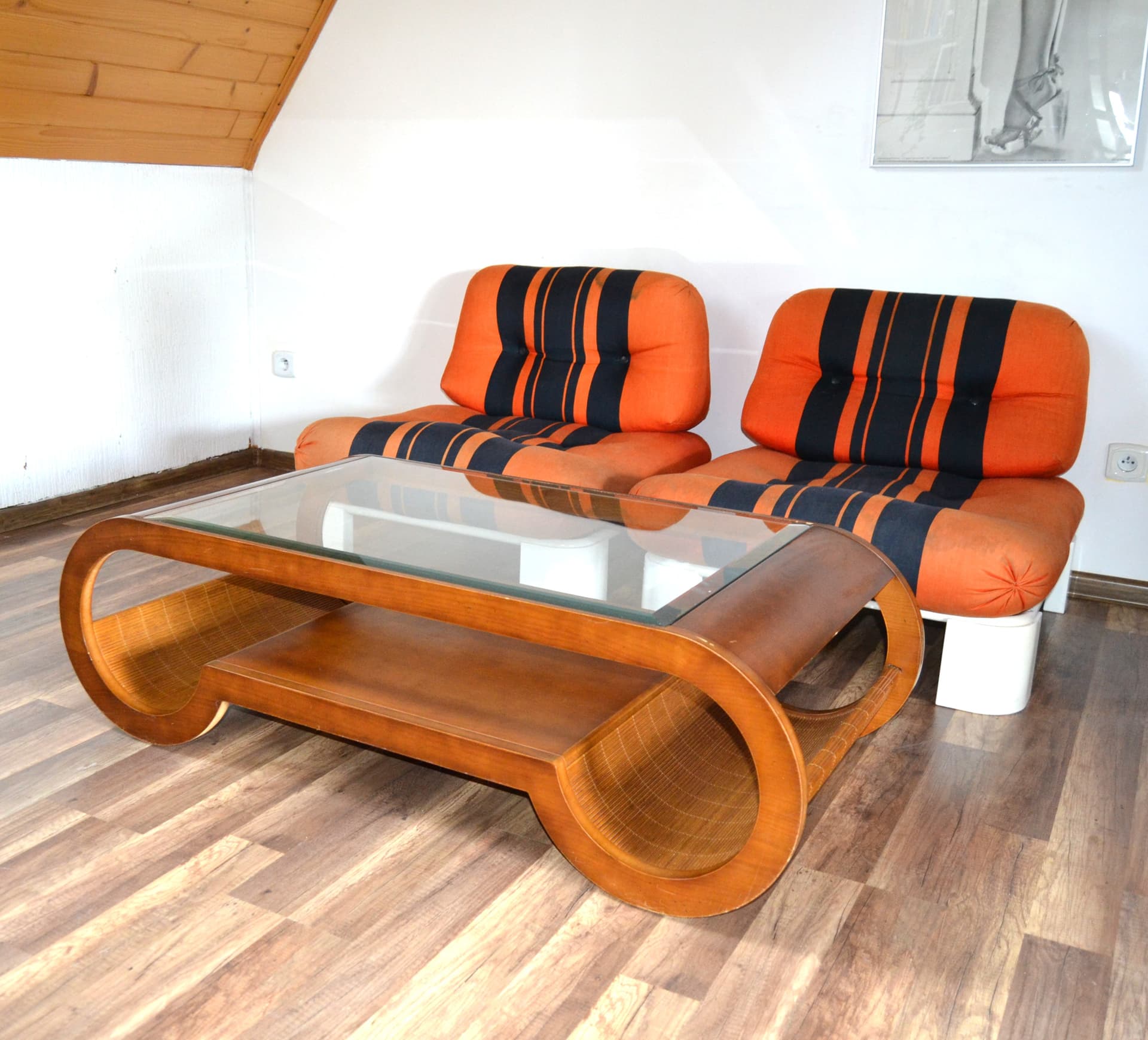 Set of armchairs, Space Age, orange black, velvet plastic, 1950s - 79287