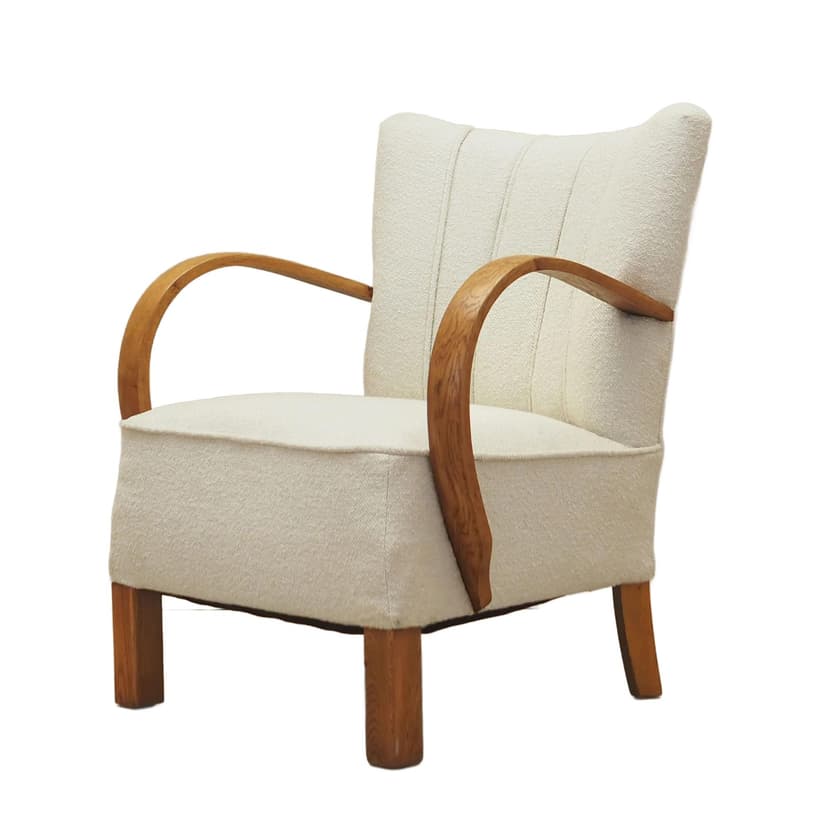 Fotel Art Déco, boucle ivory white, dąb, Dania, lata 50.