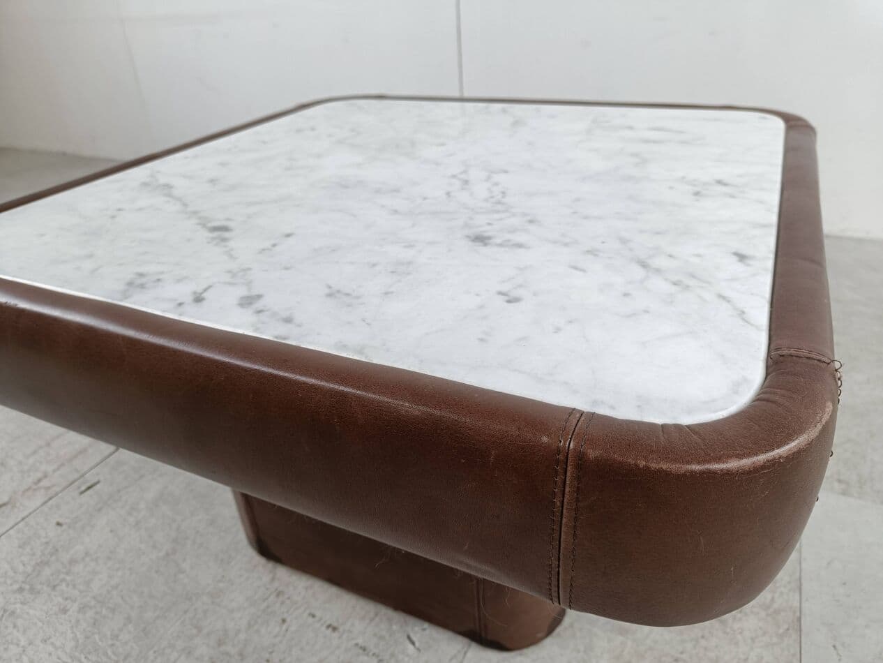 Coffee table, white marble, brown leather, 1970s. - 266476