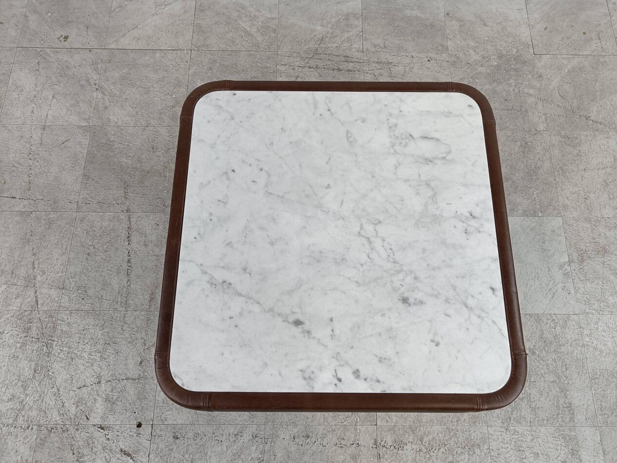Coffee table, white marble, brown leather, 1970s. - 266480