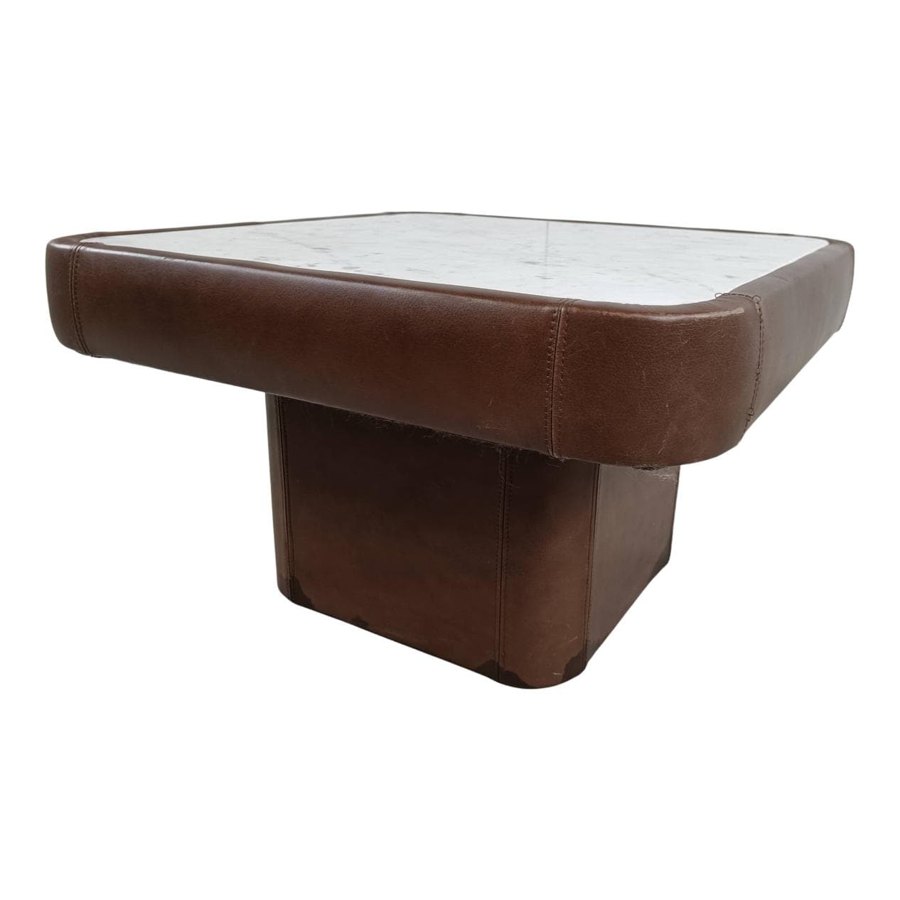 Coffee table, white marble, brown leather, 1970s.