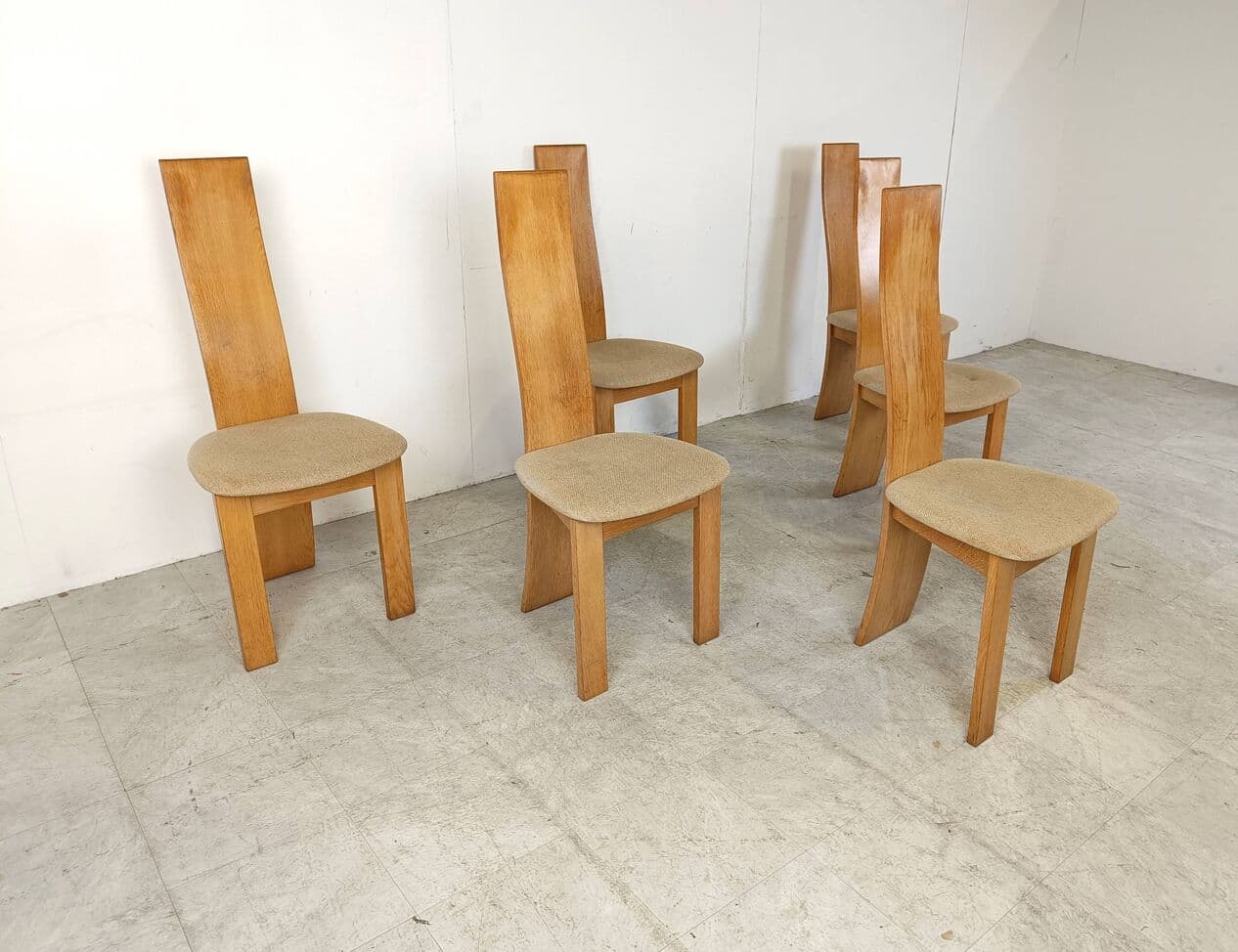 Set of six dining chairs, honey oak, beige fabric, 1980s - 266441