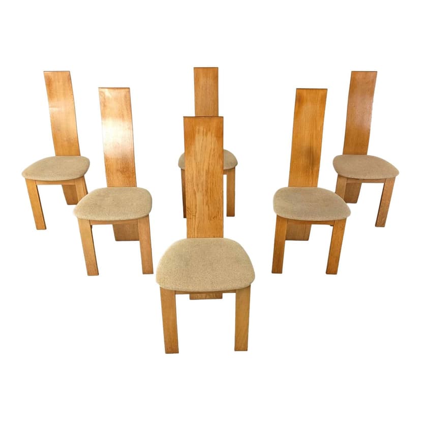 Set of six dining chairs, honey oak, beige fabric, 1980s