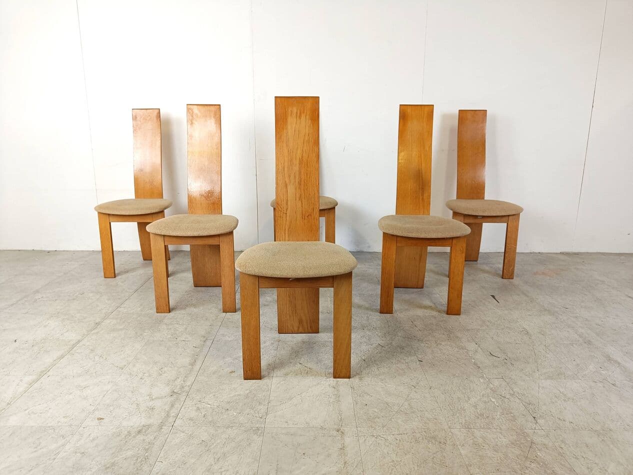 Set of six dining chairs, honey oak, beige fabric, 1980s - 266438