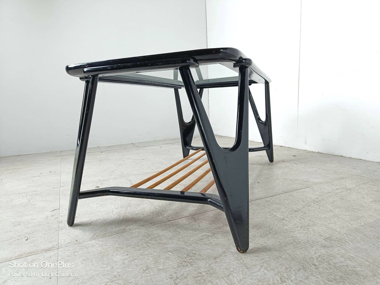 Stolik kawowy, czarny, drewno, szkło, Holandia, lata 50. - 266402