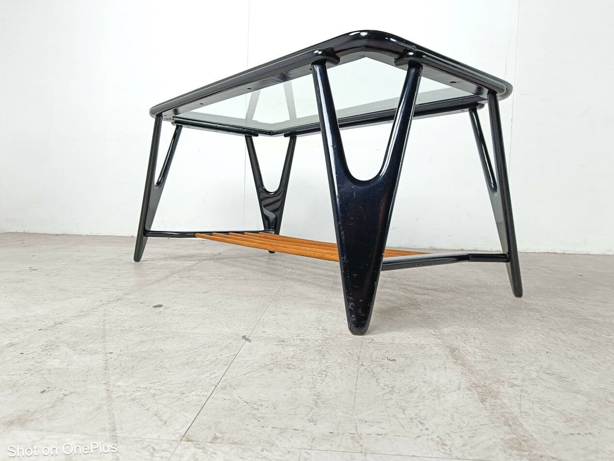 Stolik kawowy, czarny, drewno, szkło, Holandia, lata 50. - 266398