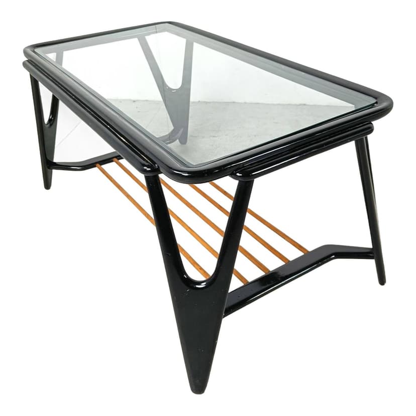 Coffee table, black wood, glass, Netherlands, 1950s.