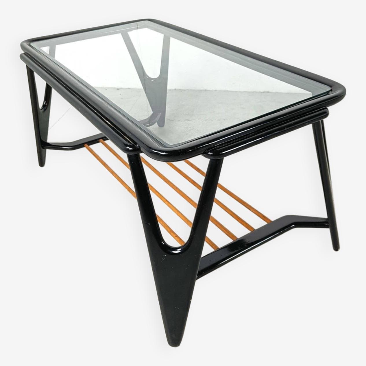 Stolik kawowy, czarny, drewno, szkło, Holandia, lata 50. - 266397