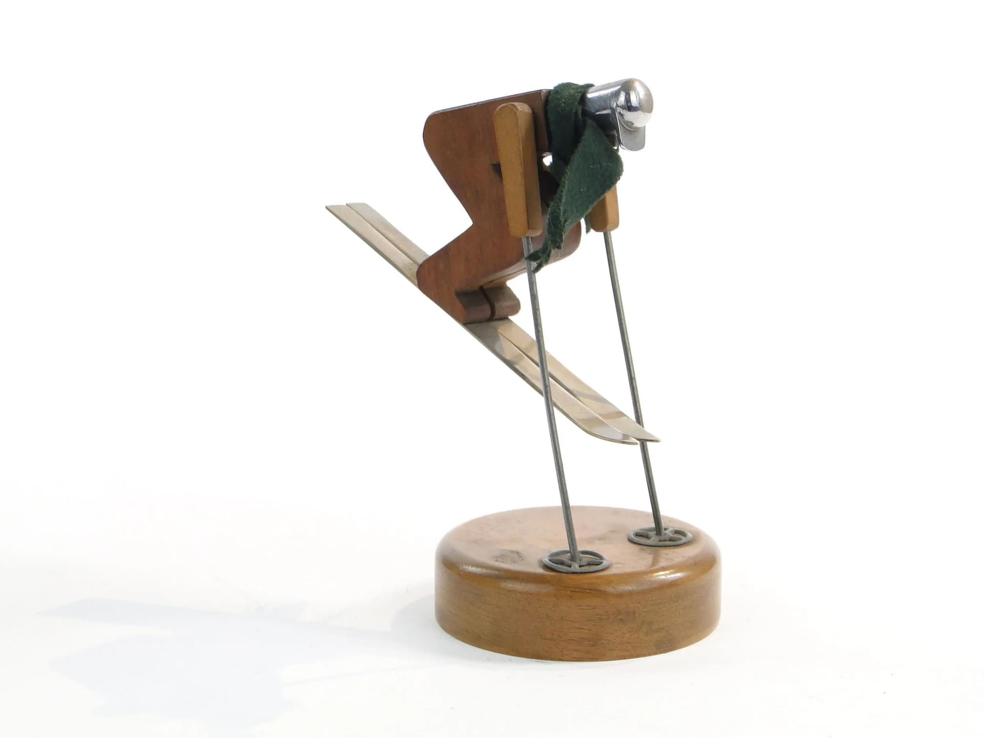 Figurka kinetyczna narciarza, drewno brązowe, stal polerowana, wełna zielona, Austria, lata 60. - 19595