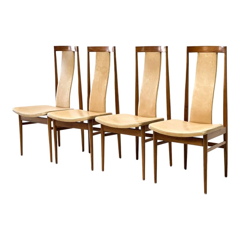 Set of Four Chairs, brown oak, beige leather, France, 1960s.
