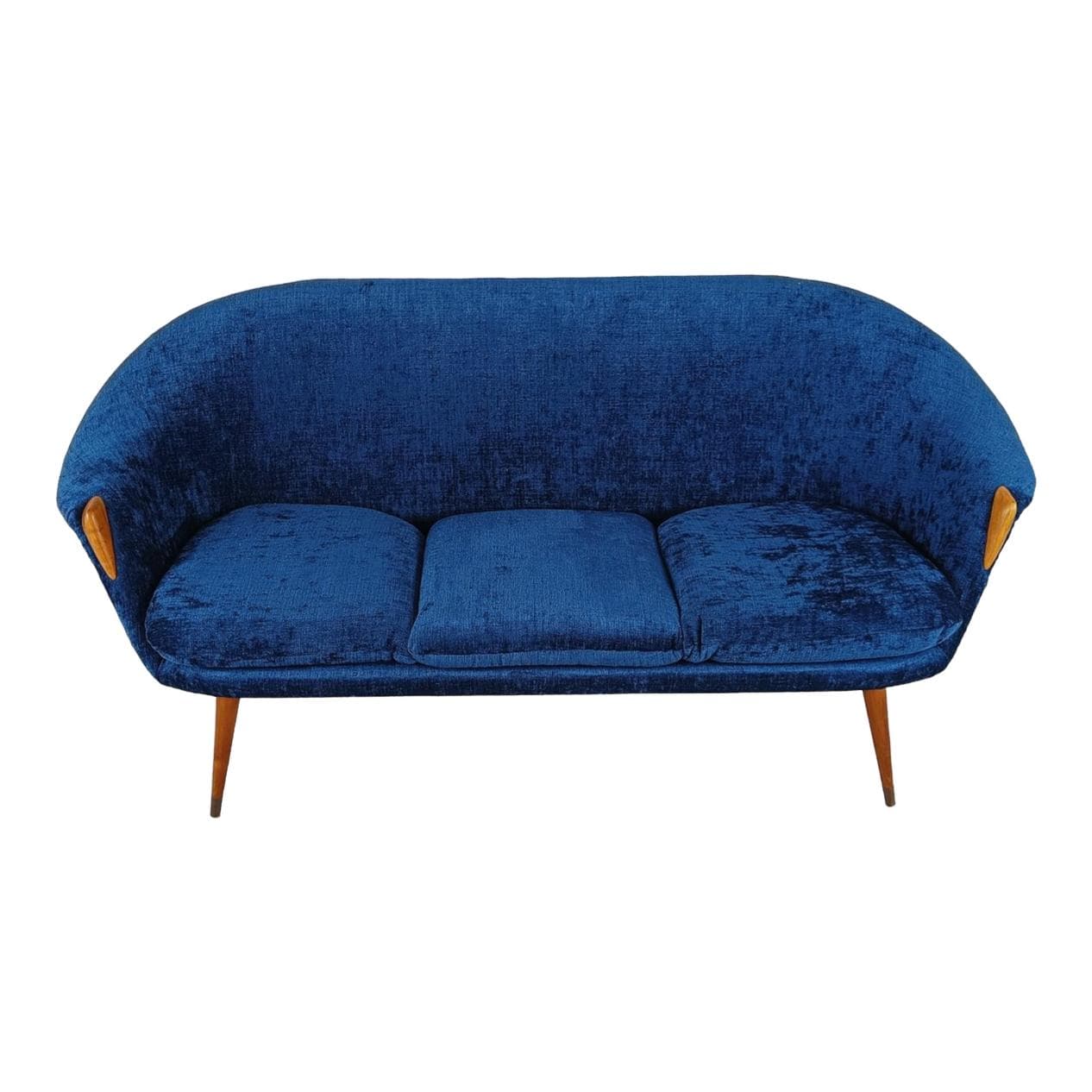 Sofa trzyosobowa, niebieska, tkanina, Dania, lata 50.