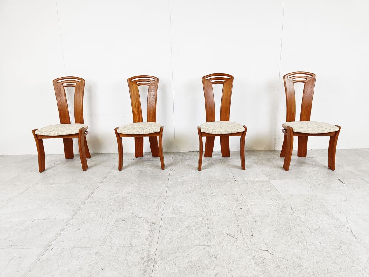 Set of four dining chairs, brown wood, light beige cotton, Denmark, 1960s. - 266221