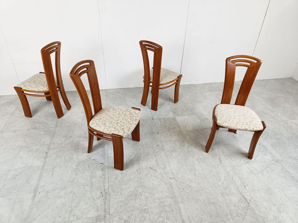Set of four dining chairs, brown wood, light beige cotton, Denmark, 1960s. - 266225