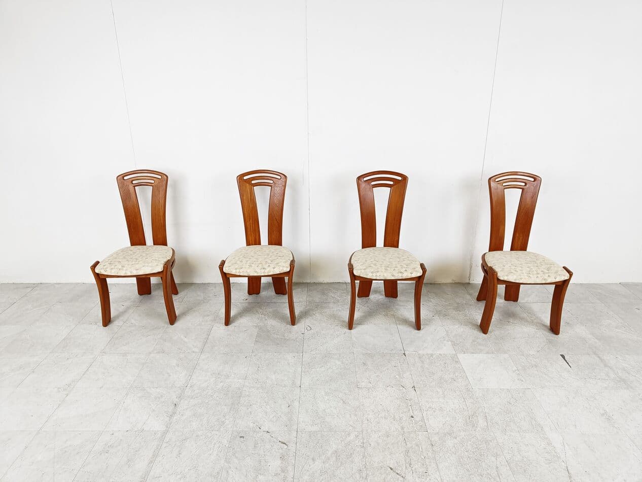 Set of four dining chairs, brown wood, light beige cotton, Denmark, 1960s. - 266220