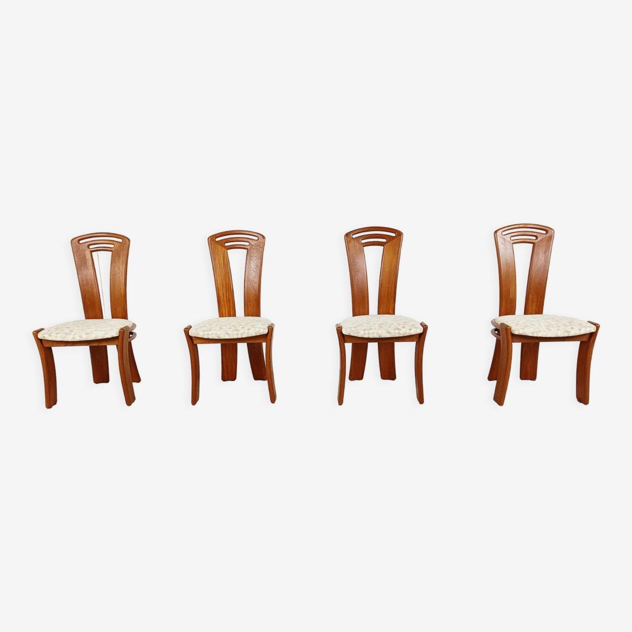 Set of four dining chairs, brown wood, light beige cotton, Denmark, 1960s. - 266219