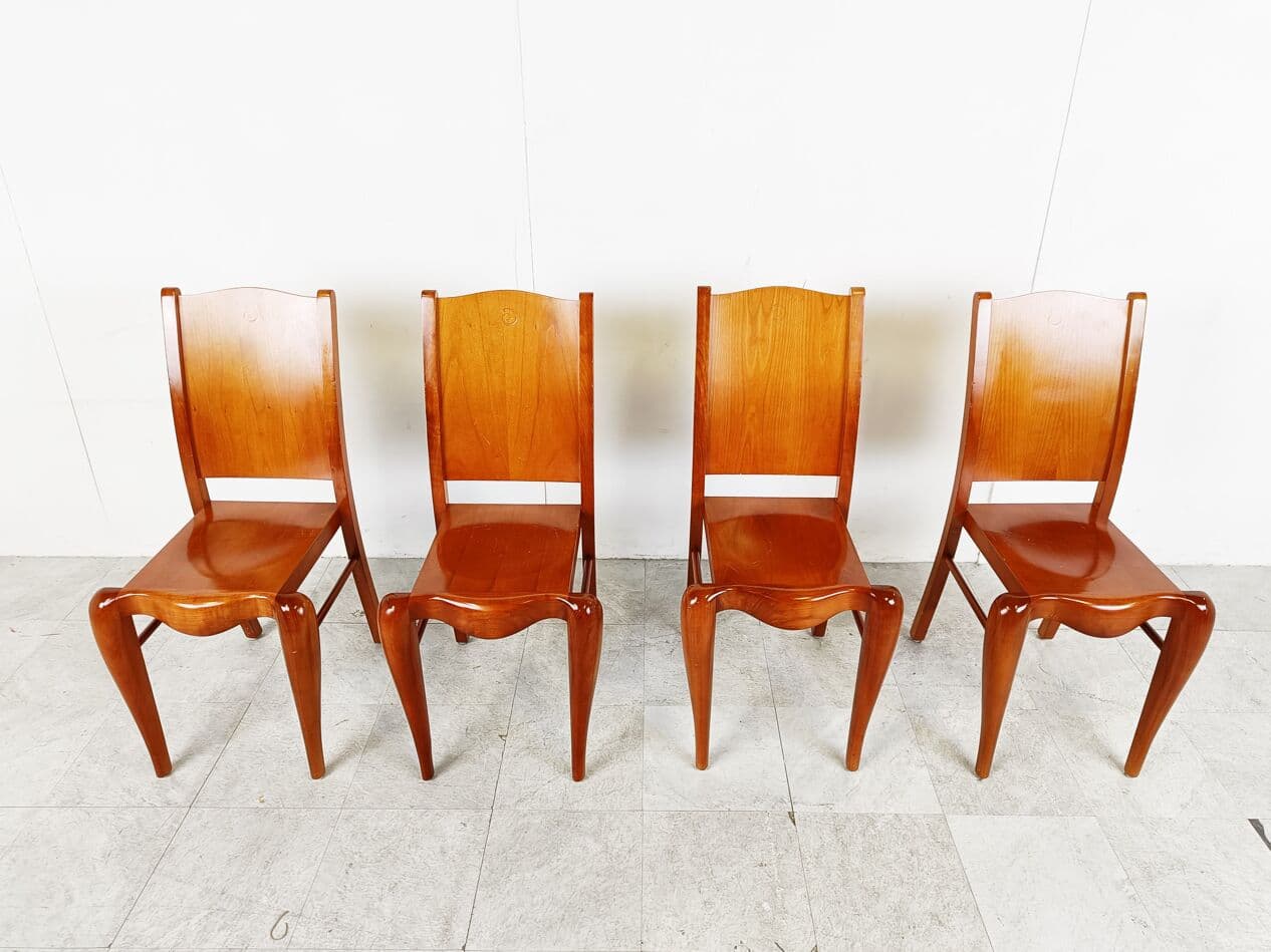 Set of Four Dining Chairs Placide, brown wood, by P. Starck, Driade, Italy, 1980s. - 266207