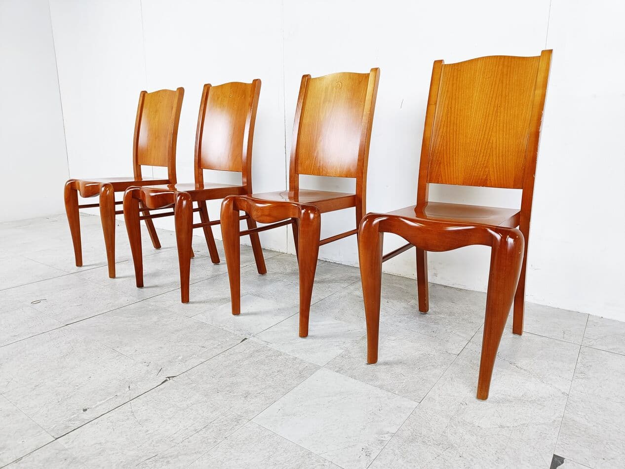 Set of Four Dining Chairs Placide, brown wood, by P. Starck, Driade, Italy, 1980s. - 266210