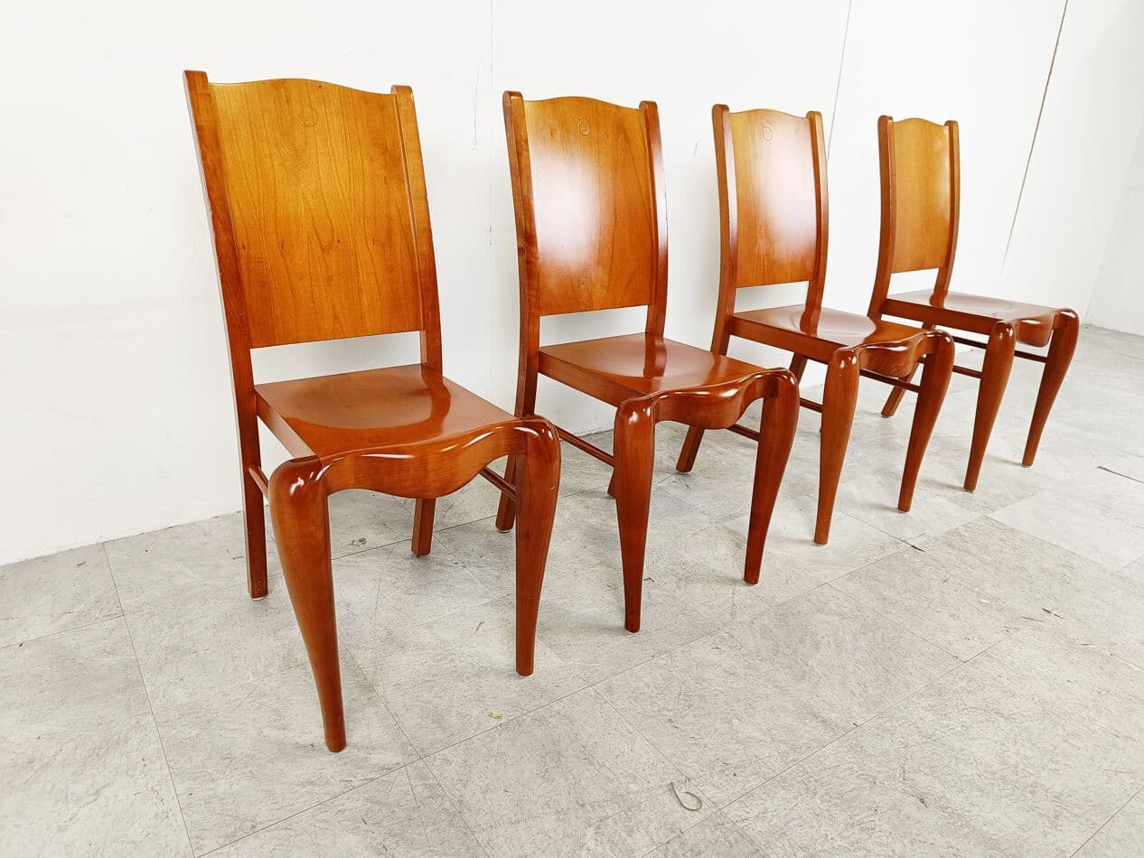 Set of Four Dining Chairs Placide, brown wood, by P. Starck, Driade, Italy, 1980s. - 266211