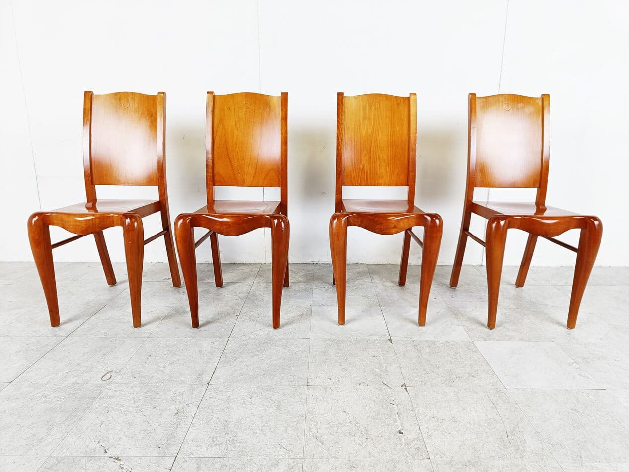 Set of Four Dining Chairs Placide, brown wood, by P. Starck, Driade, Italy, 1980s. - 266209