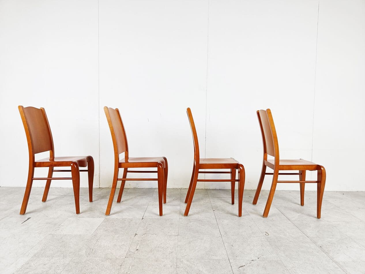 Set of Four Dining Chairs Placide, brown wood, by P. Starck, Driade, Italy, 1980s. - 266214