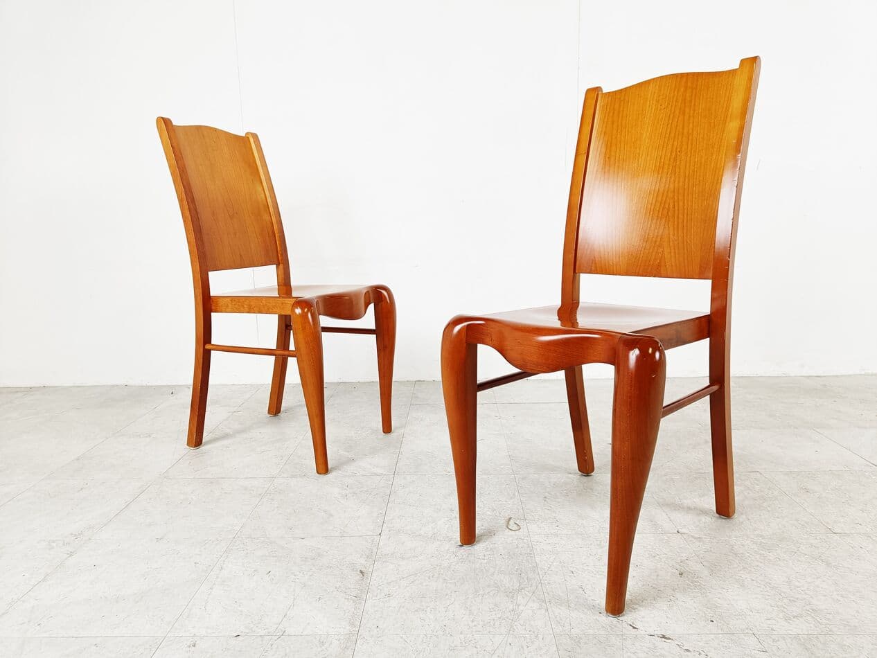 Set of Four Dining Chairs Placide, brown wood, by P. Starck, Driade, Italy, 1980s. - 266205