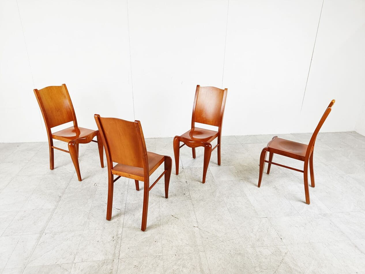 Set of Four Dining Chairs Placide, brown wood, by P. Starck, Driade, Italy, 1980s. - 266216