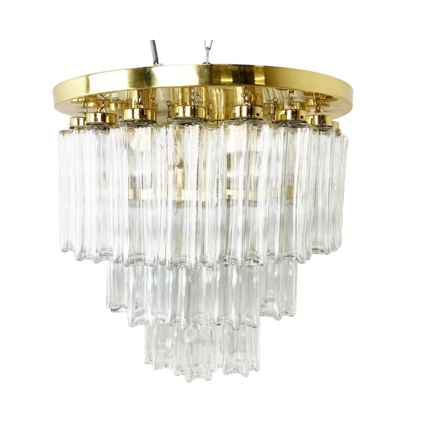 Żyrandol plafonowy, szkło przezroczyste, mosiądz złoty, Limburg, Niemcy, lata 70.