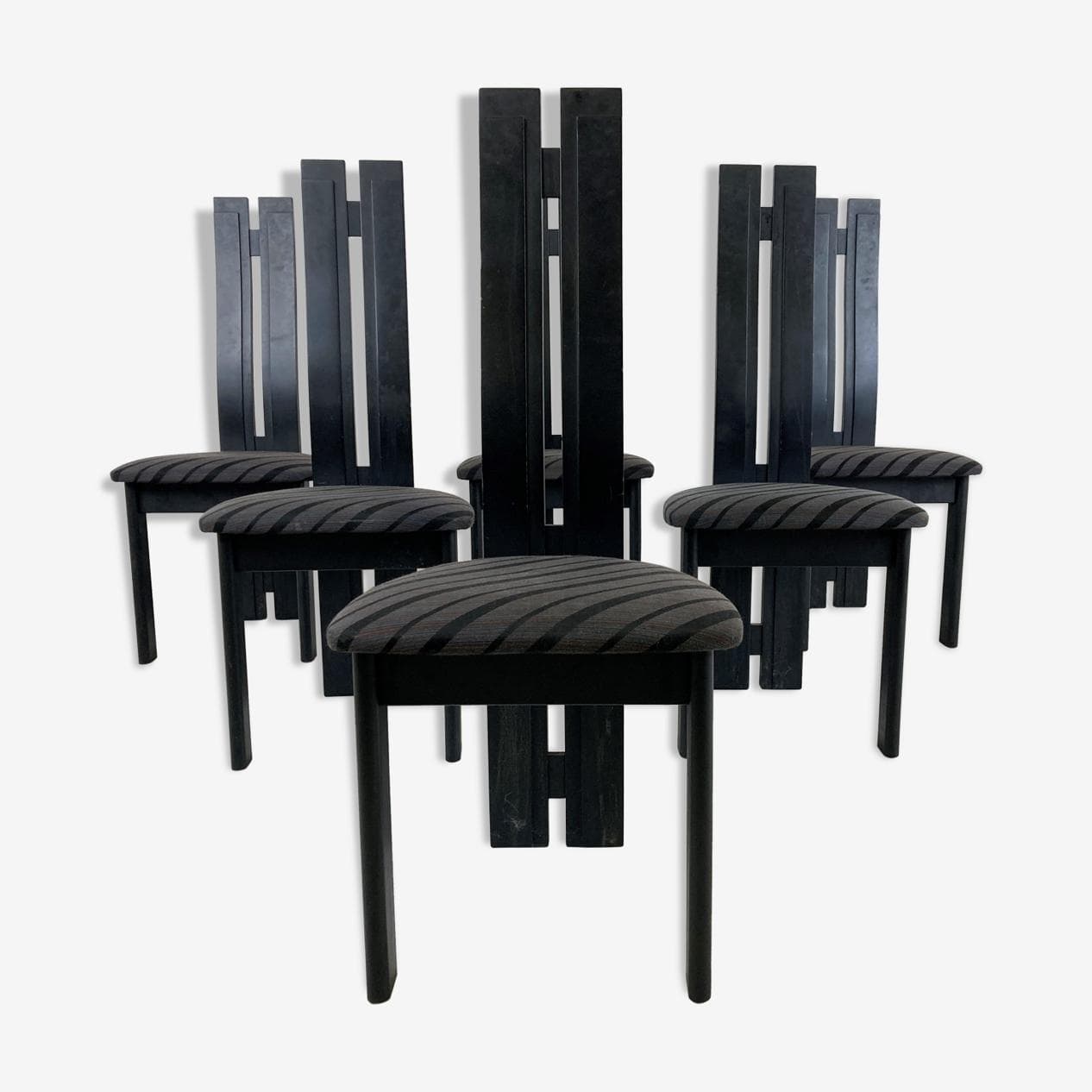 Zestaw sześciu krzeseł jadalnianych, drewno czarne, velvet czarny, Włochy, lata 80. - 266133