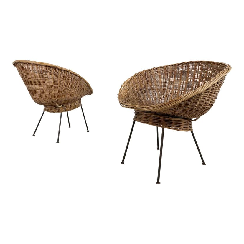 Para foteli lounge, rattan brązowy, wiklina brązowa, Włochy, lata 60.