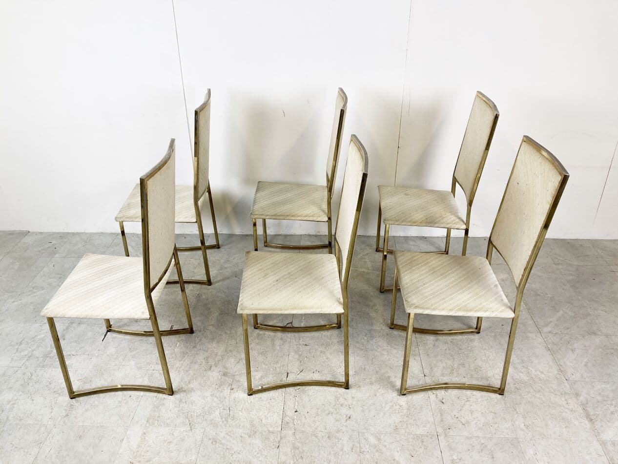 Set of Six Dining Chairs, beige cotton, gold brass, Belgochrom, Belgium, 1970s - 266006