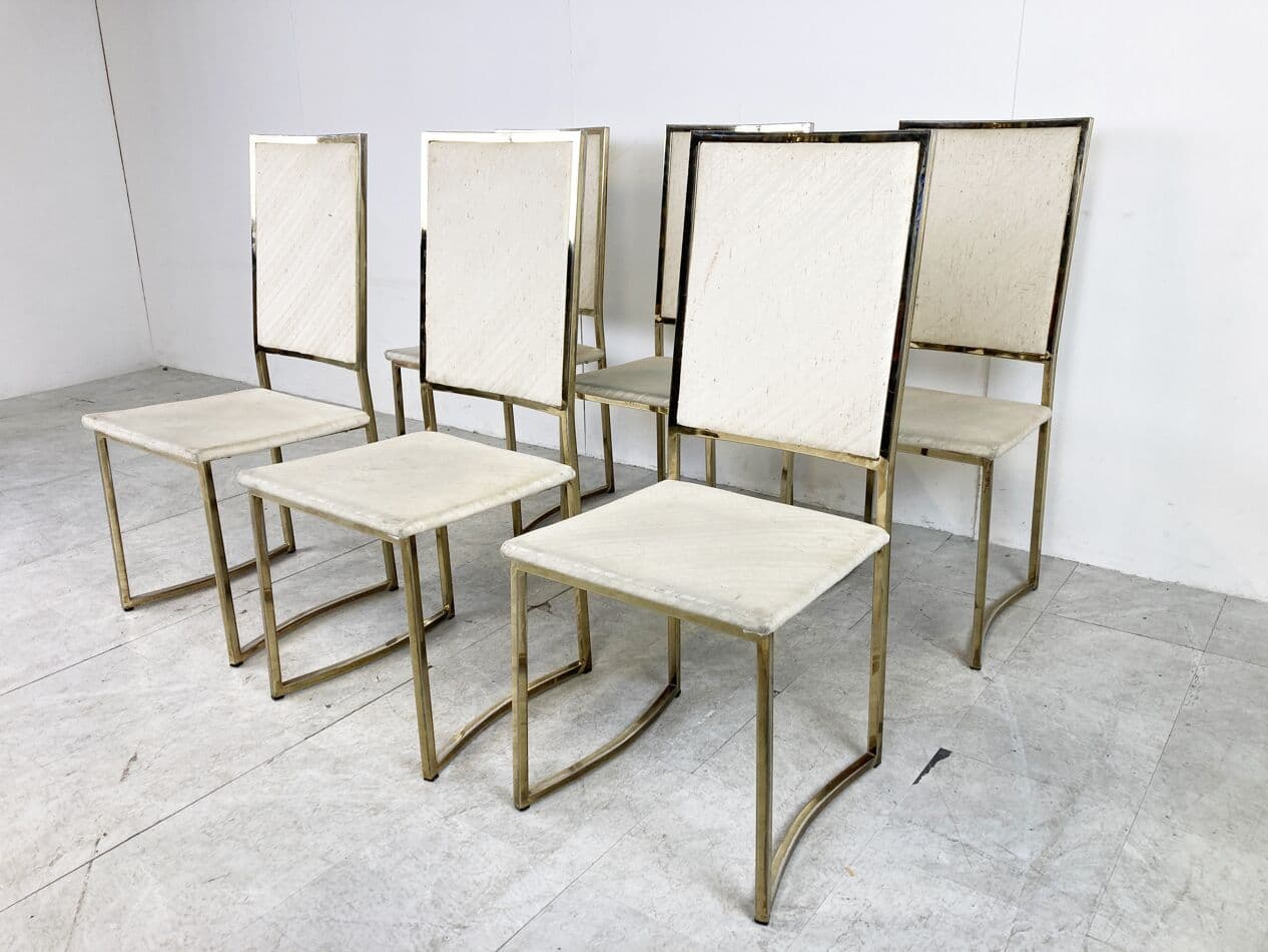 Set of Six Dining Chairs, beige cotton, gold brass, Belgochrom, Belgium, 1970s - 266003