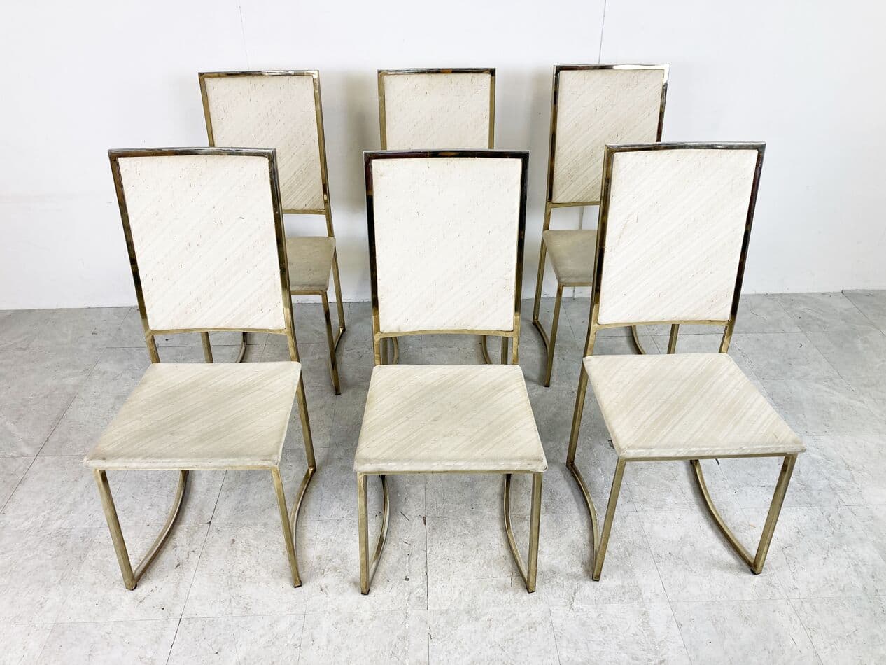 Set of Six Dining Chairs, beige cotton, gold brass, Belgochrom, Belgium, 1970s - 266000