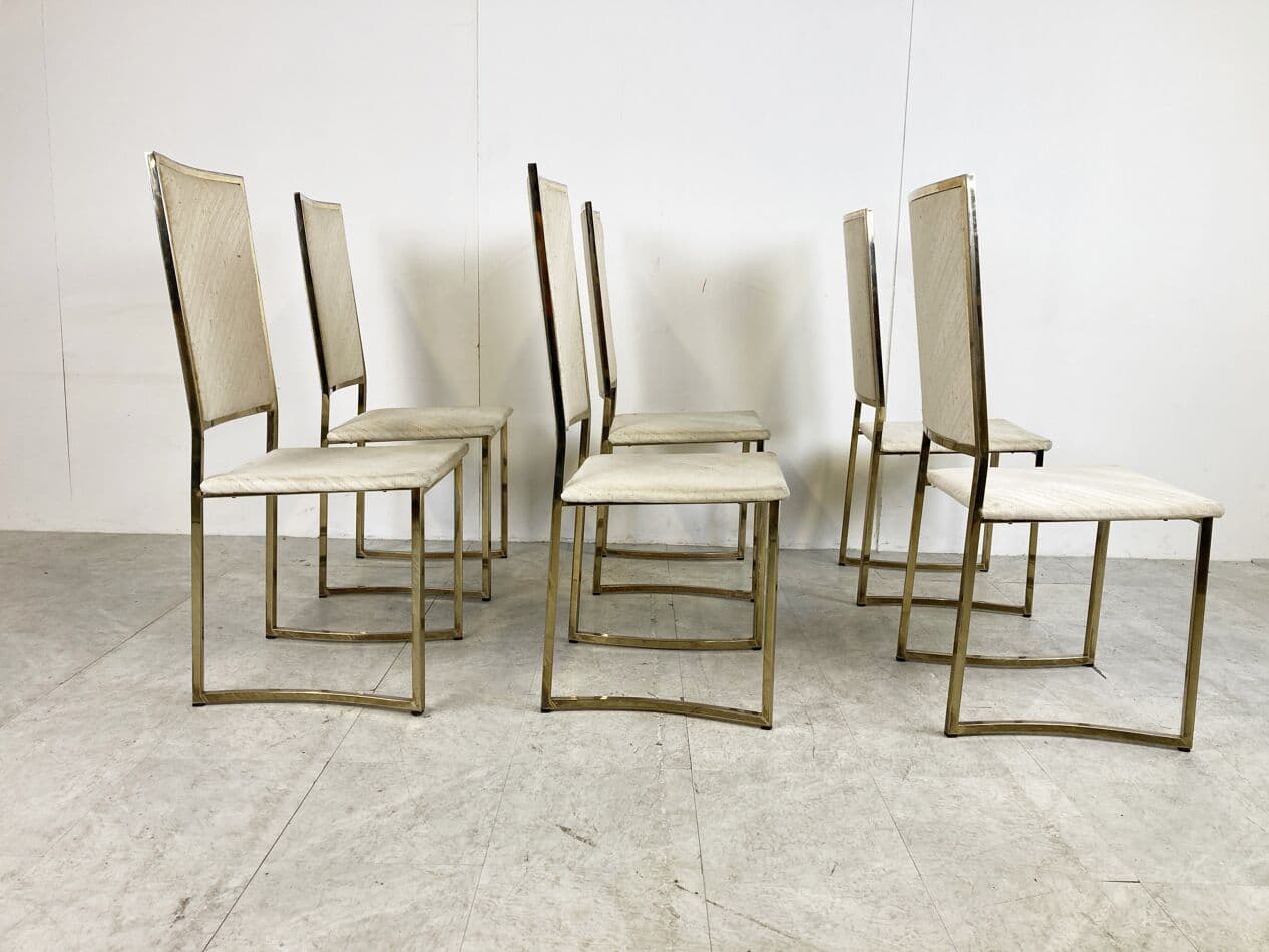 Set of Six Dining Chairs, beige cotton, gold brass, Belgochrom, Belgium, 1970s - 266007