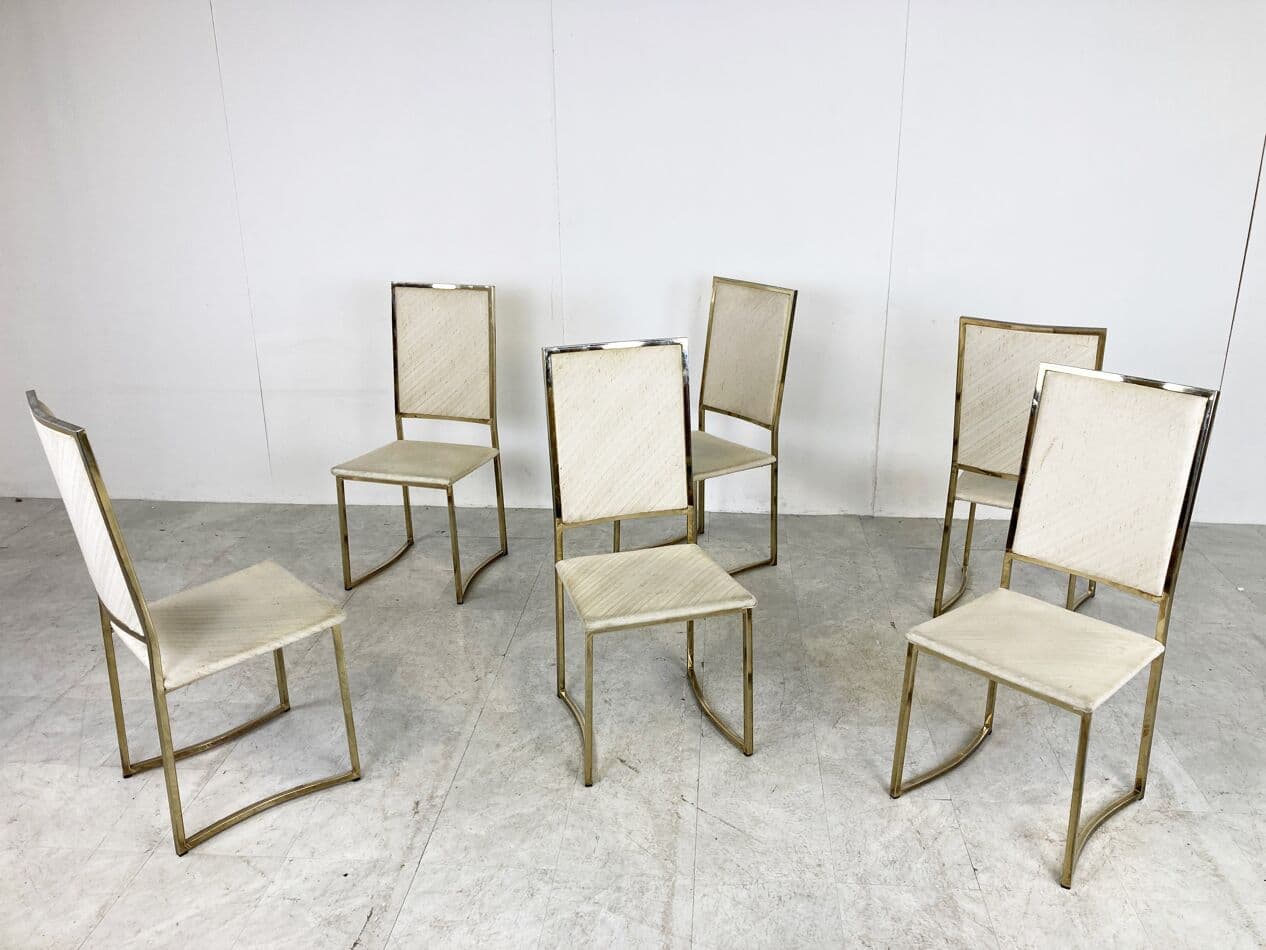 Set of Six Dining Chairs, beige cotton, gold brass, Belgochrom, Belgium, 1970s - 266009