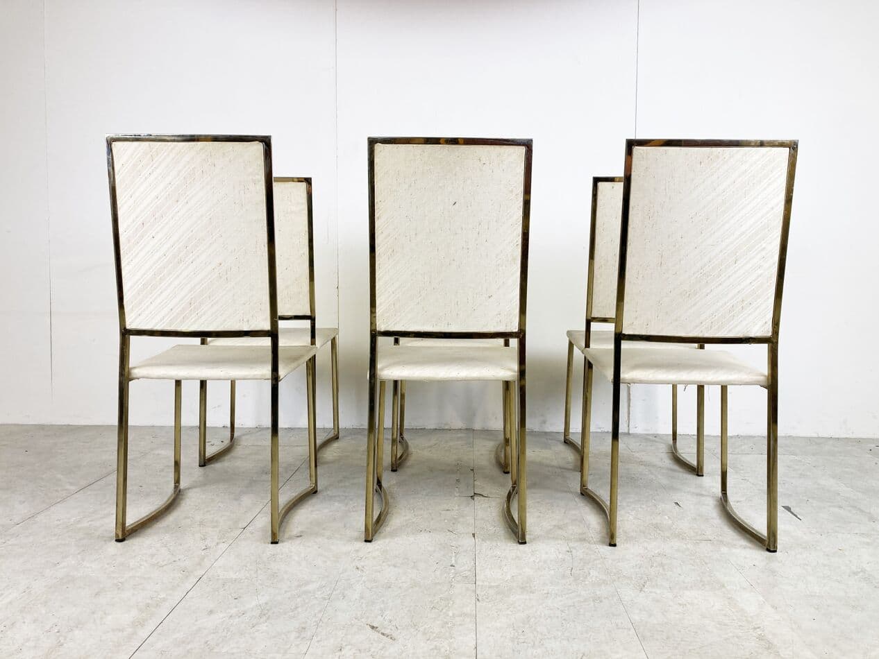 Set of Six Dining Chairs, beige cotton, gold brass, Belgochrom, Belgium, 1970s - 266008