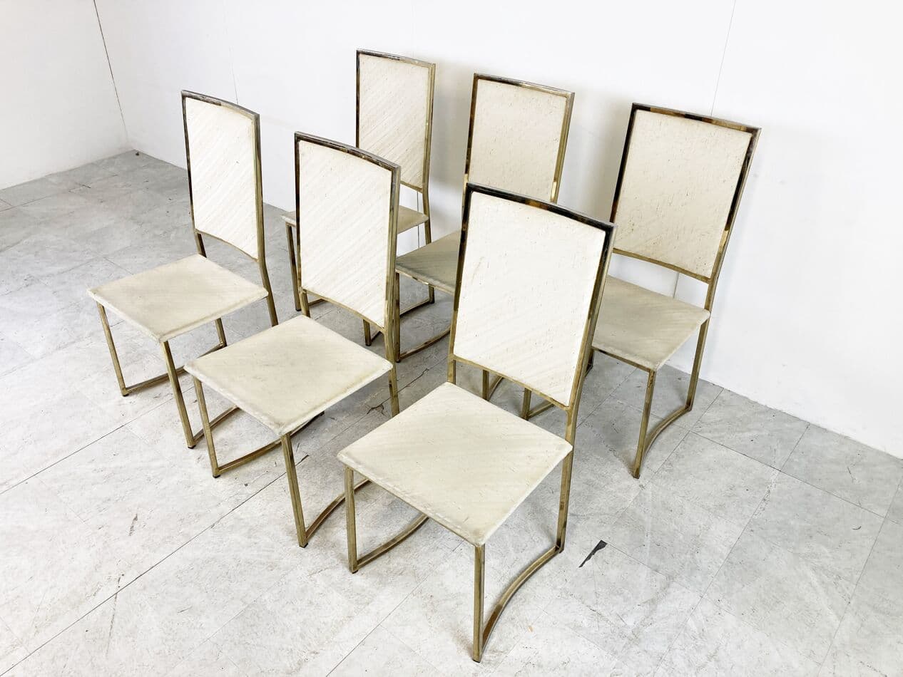 Set of Six Dining Chairs, beige cotton, gold brass, Belgochrom, Belgium, 1970s - 266004