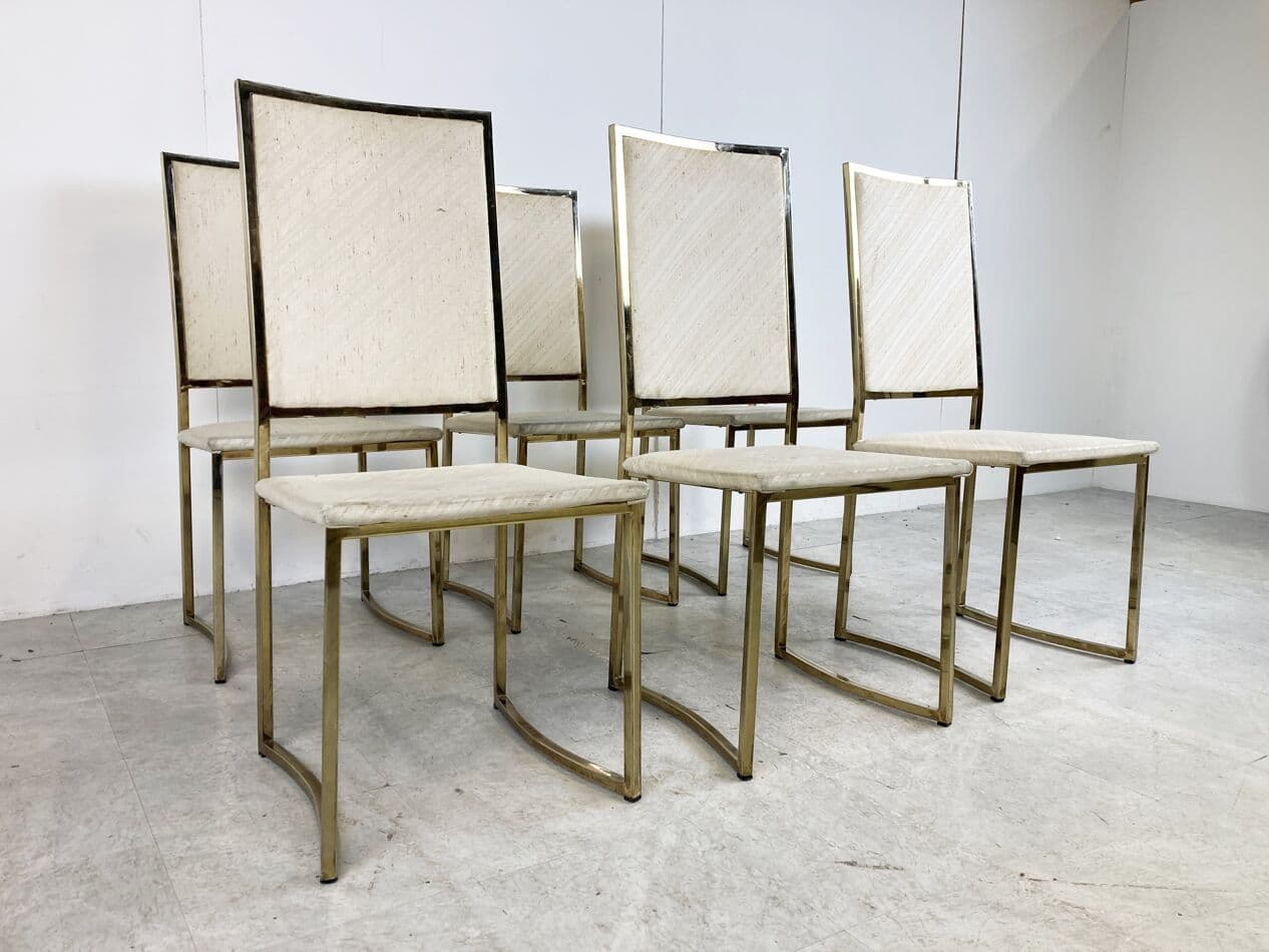 Set of Six Dining Chairs, beige cotton, gold brass, Belgochrom, Belgium, 1970s - 266005
