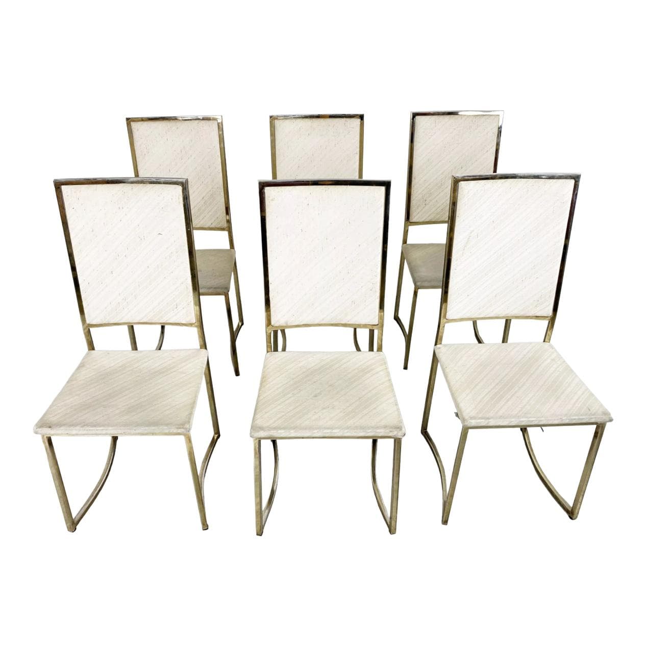 Set of Six Dining Chairs, beige cotton, gold brass, Belgochrom, Belgium, 1970s