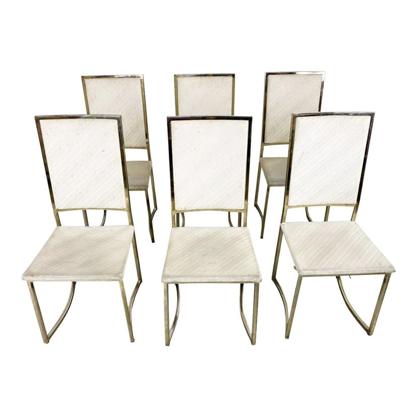 Set of Six Dining Chairs, beige cotton, gold brass, Belgochrom, Belgium, 1970s