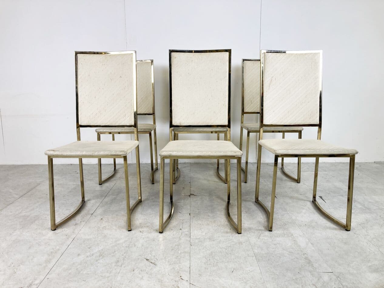 Set of Six Dining Chairs, beige cotton, gold brass, Belgochrom, Belgium, 1970s - 266002