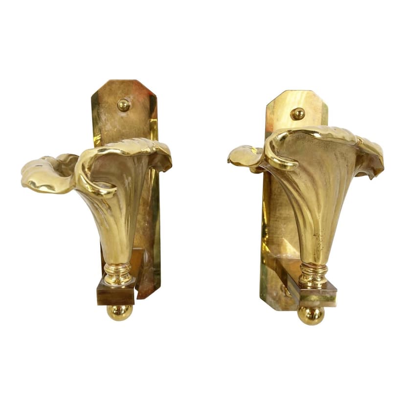 Para kinkietów kwiat, brąz złoty, Belgia, lata 70.