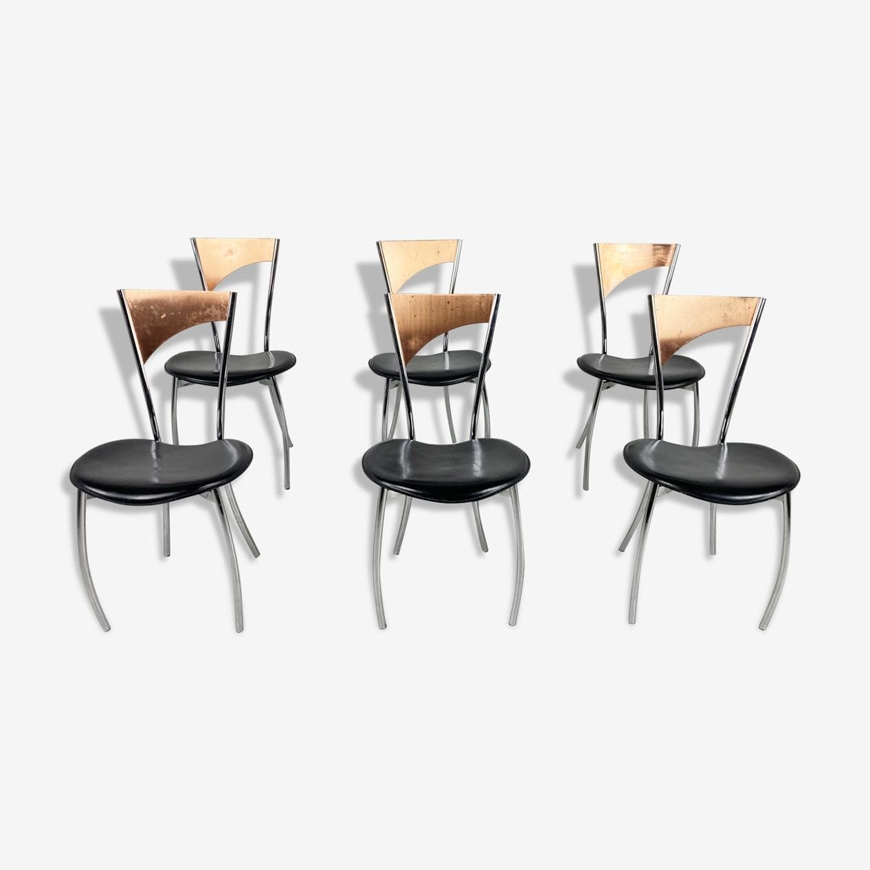 Zestaw sześciu krzeseł jadalnianych, chrom srebrny, miedź, skóra czarna, Włochy, lata 70. - 265963