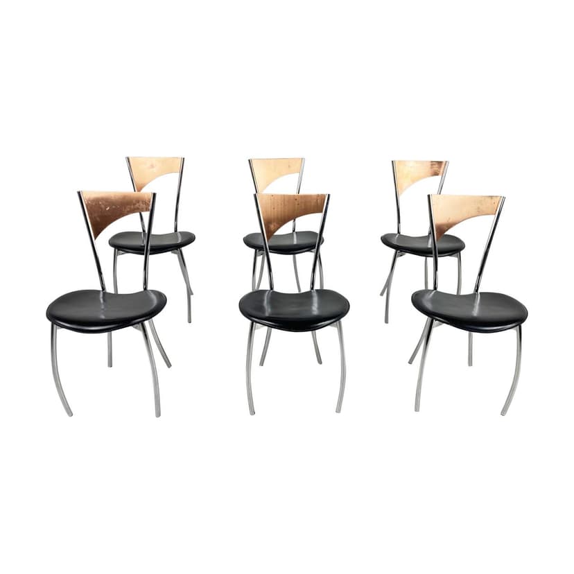 Set of Six Dining Chairs, silver chrome, copper, black leather, Italy, 1970s.